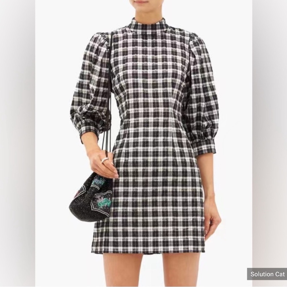 Ganni Black and White Checkered Long Sleeve Dress